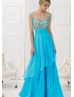 Sheer Tulle V Back Beaded Lace Long Chiffon Prom Dress